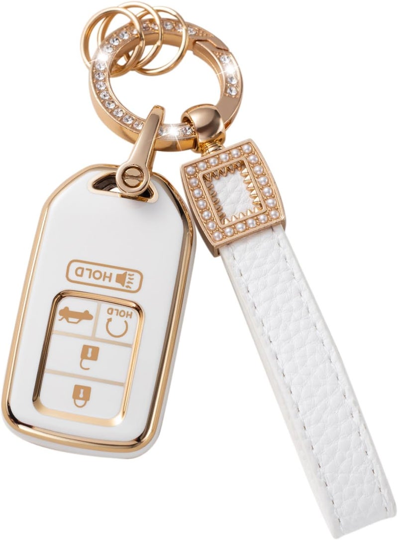CACARLIKE for Honda Key Fob Cover with Leather Lanyard, Car Key Fob Case Compatible with Honda Accord Civic CRV Odyssey Pilot Smart Key Protector Holder - Image 1